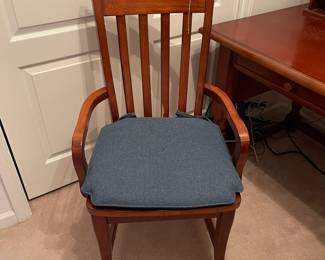 R3 - $25. Single Wooden Arm Chair. Measures 22.75" wide x 17.75" deep x 39.25" tall. Has rubbing from seat cushion on one back spindle. 
