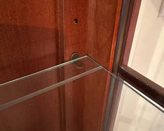 R1 - $650. Ethan Allen Mission Style Display Cabinet. Measures 43" wide x 15" deep x 70" tall. 3 Glass Shelves are adjustable. There is one leg that has very minor damage (see last photo)