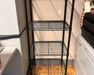 R37 - $25. Metal Shelf Unit. Measures 24" wide x 18" deep x 55" tall. Shelves can be adjusted. No issues/rust noted. 