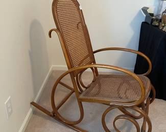 R19 - $50. Vintage Single Caned Rocking Chair. Measures 19.5" x 17" x 40.25" tall. 