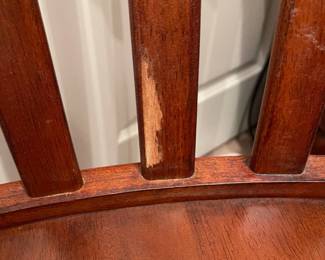 R3 - $25. Single Wooden Arm Chair. Measures 22.75" wide x 17.75" deep x 39.25" tall. Has rubbing from seat cushion on one back spindle. 