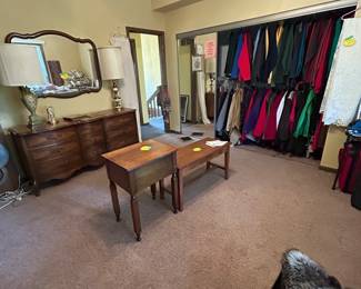 Dresser, piano bench, nightstand, ladies clothes
