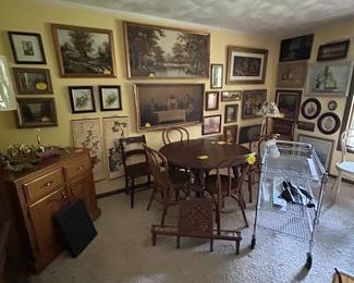 Antique poker table and oil paintings