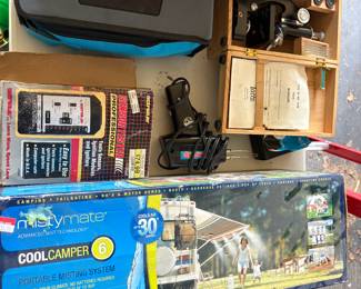 Brand new Tool box. Cool Camper portable misting system. Mircroscope in box. New in box automotive sensor tester.