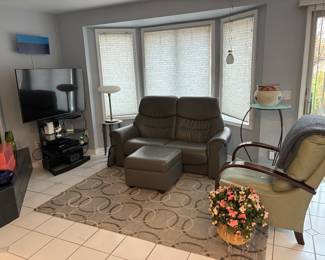 Entire room furniture for sale. Cozy leather armchair and loveseat. Big Flatscreen TV, home decor and more.