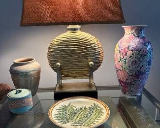 Home decor. Floral vases. Table lamps with textured bases. Decorative plates. Navajo inspired vases and pots.