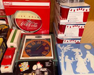 Vintage Marshall Fields Wedgewood plates. New in box Coca Cola clock. New in box bathroom decor set. New in box reusable red cup sets (6 pack sets) multiple available