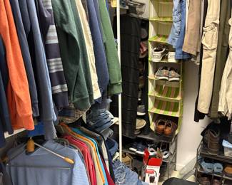 Men's clothing for sale. Shirts, pants, shorts, swimwear. Men's shoes for sale including Hey Dude's and NEW in Box Doc Martin's Men's size 11.