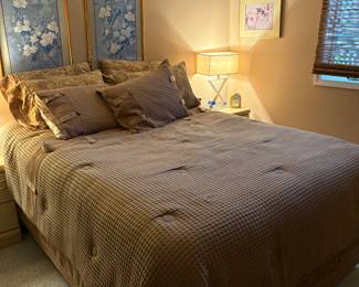 Full bed and frame for sale. Brown terry cloth comforter set with decorative pillows.