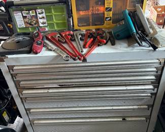 New in box Dewalt drill bit set. Multiple wrenches, Makita power tools, Steel Glide tool chest and new in box Keter tackle box.