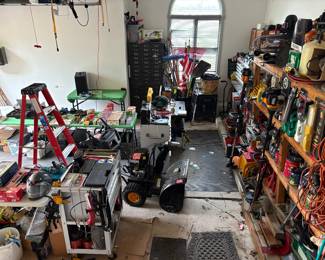 Tools, weed whip, ladders, welding masks, weed treatment, fertilizer, rakes, shovels, flags and extension cords. Everything must go!