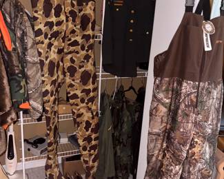 New with Tags Hunting suits and coats. Vintage Vietnam and WWII uniforms, jackets and hats. Women's shoes by Mephisto, Cole Haan, Sketchers.
