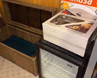 New in box Imusa in home grilling system. Brand new decorative watering can, mini fridge, rattan storage chest.