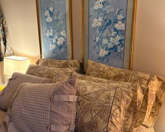 Decorative pillows for bedroom set. Floral wall art. Bedroom sheets and comforter set.