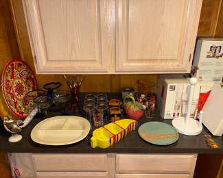 New in box paper towel holders, serving dishes, fondue set