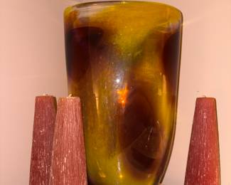 Glass vase, gold and brown tones. Brand new decorative candles.