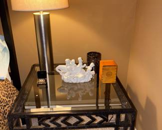 Bedroom side table (set of two for sale). Table Lamp, porcelain figurines, new in box diffuser.