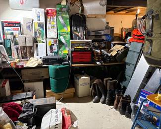 Hunting boots. Rifle bags. Gun Cases. Tents. Snowshoes. Shelves, step stools and more. Most is new or gently used.