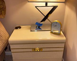 Tan and gold vintage Bedroom nightstand. Part of a set including a full bed or sold separately.