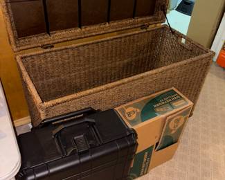 Rattan storage chest. New in box Dishwasher network satellite system. Hard shell tactical gun case.