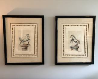 Set of two art pieces. Horses on pedestals. Black frames
