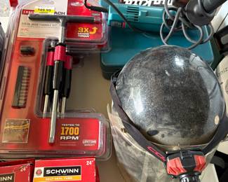 Welding mask with headlamp. Makita drill in case. New Craftsman 14 piece T-Handle Set (multiple available). Werner 6 foot ladder. New in Box Schwin bicycle repair kits.