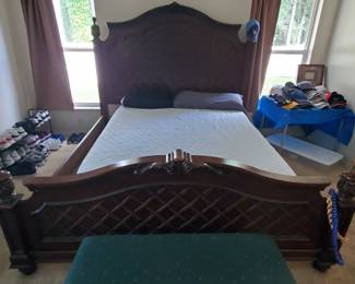 King Bed with mattress support and rails. Matching Armoire. Queen mattress also available. 