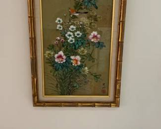 Vintage Japanese MOK Oriental Maiden Oil On Cork Signed Painting Gilded Bamboo Frame