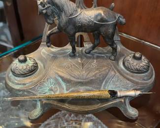 Antique Bronze Inkwell With Sculpture Of Horse