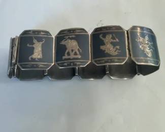 Vintage 1940s Siam Sterling Silver Niello 10 Pannel Bracelet