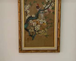 Vintage Japanese MOK Oriental Maiden Oil On Cork Signed Painting Gilded Bamboo Frame