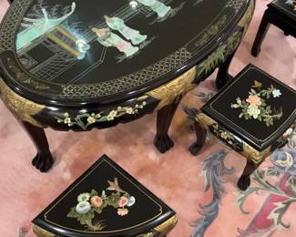 Oriental Lacquer Coffee Table Set with 6 Stools