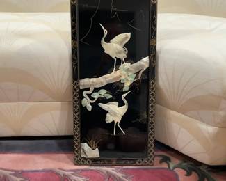 Mid Century Asian Wood, Black Lacquer, and Mother of Pearl Panels