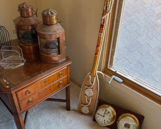 Copper marine lanterns (port and starboard) brass clock and barometer and more