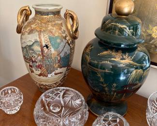 Large Porcelain ceramic vase, and ginger jar along with cut-crystal dishes
