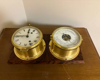 Brass ship clock and barometer