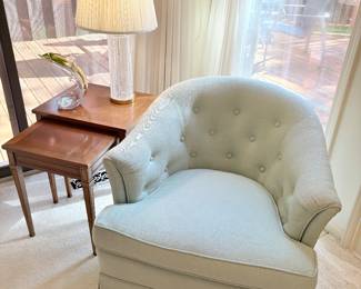 Upholstered club style chair and nesting tables