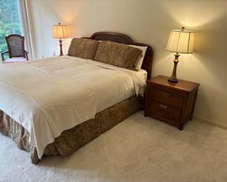 King headboard, mattress set, nightstand, and lamps