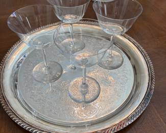 Vintage sherry glasses, and silver-plated tray
