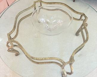 Brass and glass coffee table shown with a Steuben glass dish