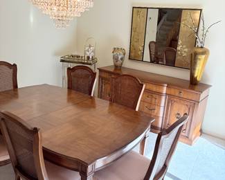 Henredon Dining table with additional leaves and pads, six side chairs and two arm chairs, and sideboard. Also shown Bart, large mirror with Asian panels, and porcelain vases.