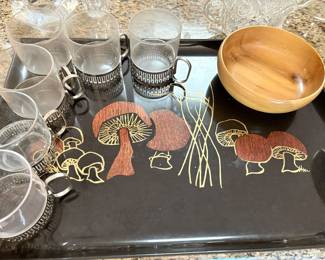 MCM tray and silver-plated and glass coffee mugs