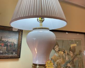 White and brass ceramic table lamp (29” tall) $35 + tax