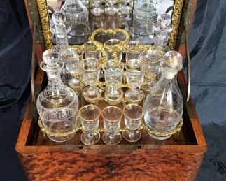 Antique English Burl Wood Tantalus Liquor Caddy