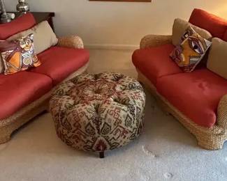 2 Outdoor Wicker Patio Couches with Ottoman