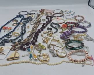 Glass Bead Necklaces, Earrings, Rhinestone Pins, Watch On Chain