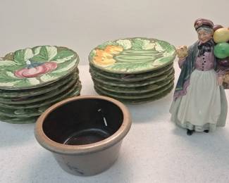 Italy Fruit And Vegetable Pottery Plates, Rowe Pottery Crock, And Royal Doulton Figurine