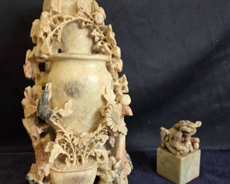Carved Soapstone Double Vase w Stamp
