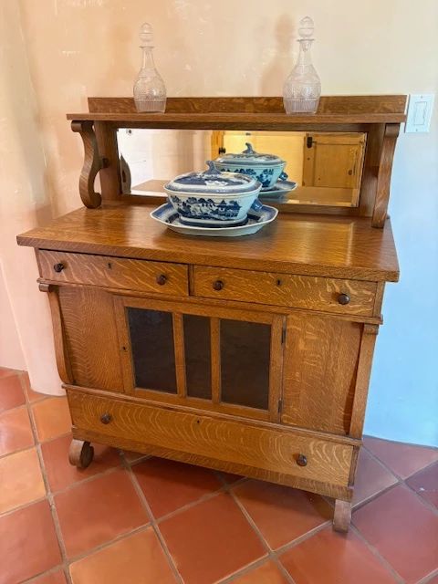 Tiger oak sideboard; Chinese Export Canton Ware; hand blown 19th C Sandwich glass decanters