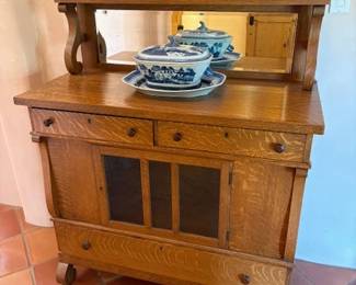 Tiger oak sideboard; Chinese Export Canton Ware; hand blown 19th C Sandwich glass decanters